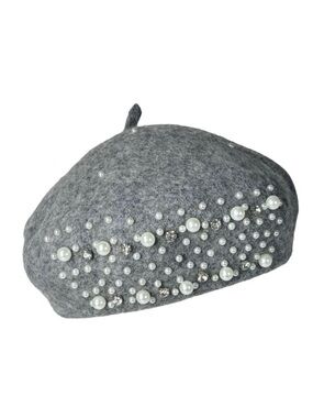 NEW Beret Hat Gray Wool Felt Beaded Embellished Rhinestones Pearls Coquette 90s